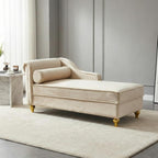 60.6''Velvet Chaise Lounge Indoor, Modern Velvet Lounge Chair with Left Armrest & Lumbar Pillow,Button Tufted Lounge Sofa with Storage for Bedroom, Living Room and Office，Beige