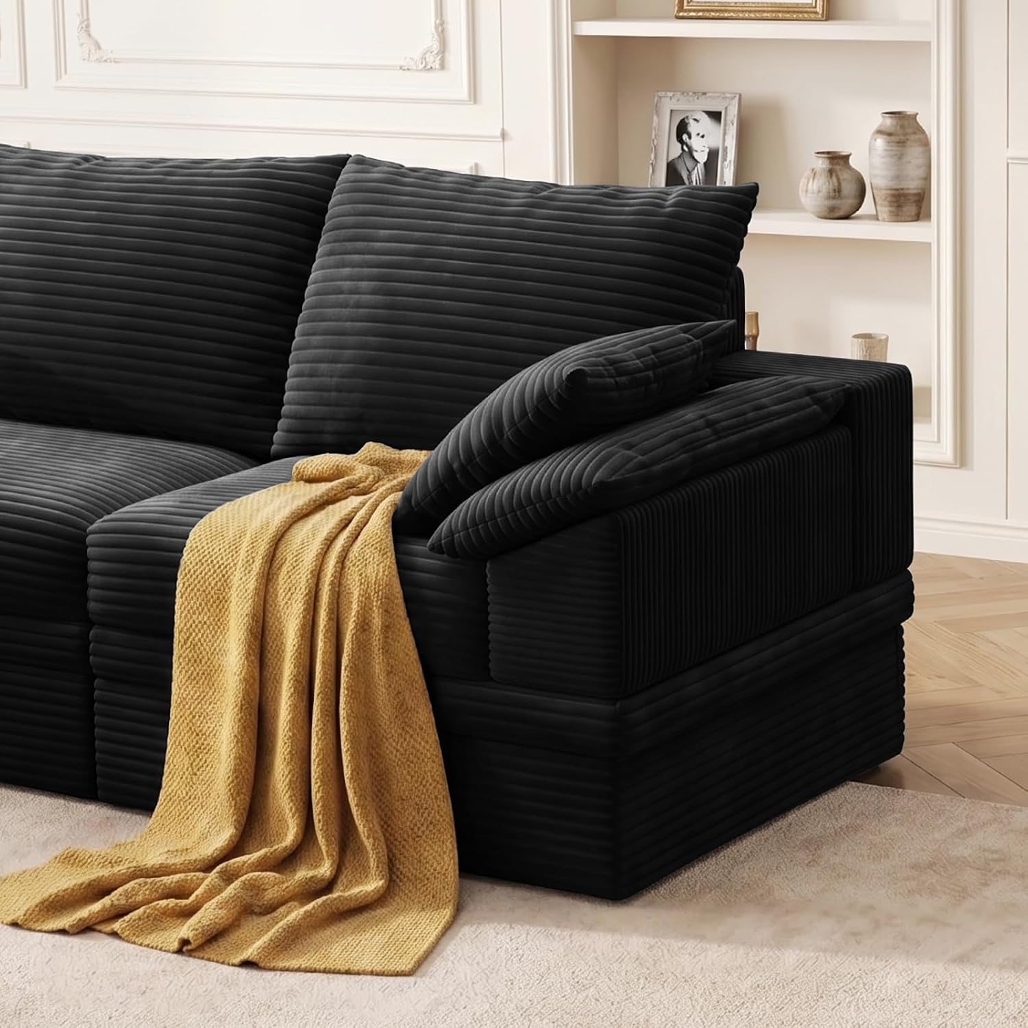 107" Modular Sectional Sofa Couch with Storage,U-Shape 3 Seat Comfy Modern Cloud Couch Sofa with Ottoman, 27" Deep Seat Corduroy Sofa for Living Room, Tool-Free Assembly - Black