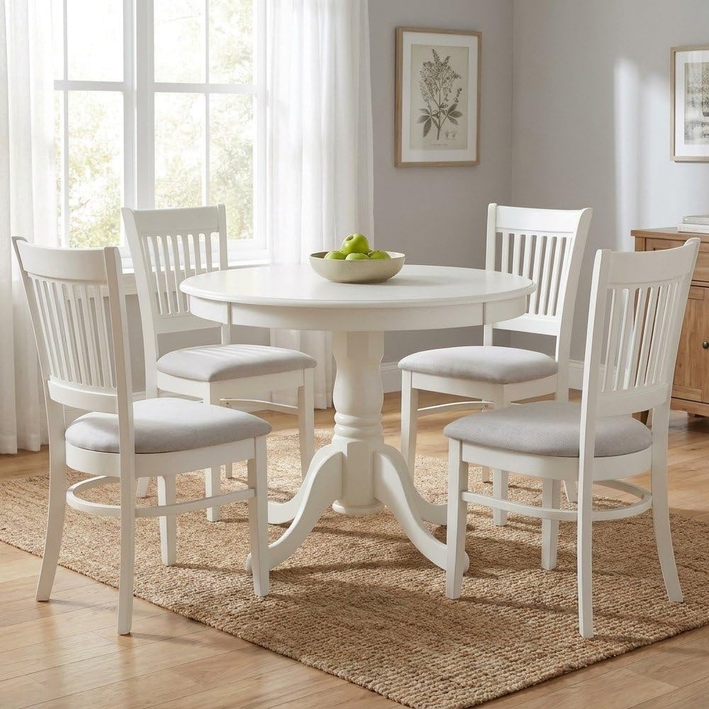 Furnifact White Solid Wood 5 Pc Dining Room Set, Breakfast Nook Table with Slatted Chairs, Kitchen Table and Chairs for 4, Compact Seating Option