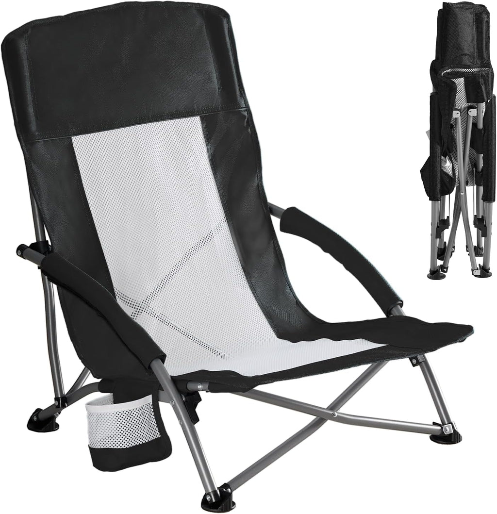 DUMOS Folding Camping Beach Chair, Lightweight Low Portable Beach Chair with Cup Holder, Storage Pocket, Breeze Mesh Back, Padded Armrests, Low Profile Chair for Camp, Picnic, Lawn, Sand, Black