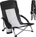 DUMOS Folding Camping Beach Chair, Lightweight Low Portable Beach Chair with Cup Holder, Storage Pocket, Breeze Mesh Back, Padded Armrests, Low Profile Chair for Camp, Picnic, Lawn, Sand, Black