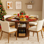 55" Round Dining Room Table with Lazy Susan, Mid-Century Modern Kitchen Table, Pedestal Storage with Wavy Sliding Doors, Seats 6, Stable Rounded Base, Easy-Clean Finish (Walnut)