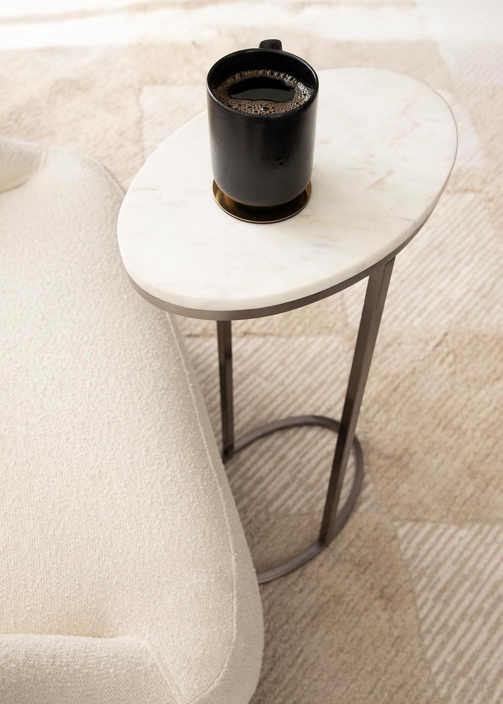 Kate and Laurel Natalli Modern Glam Oval C-Table, 14 x 9 x 28, White Marble and Gray Gunmetal, Elegant C-Shaped Side Table with Marble Tabletop and Space Saving Design