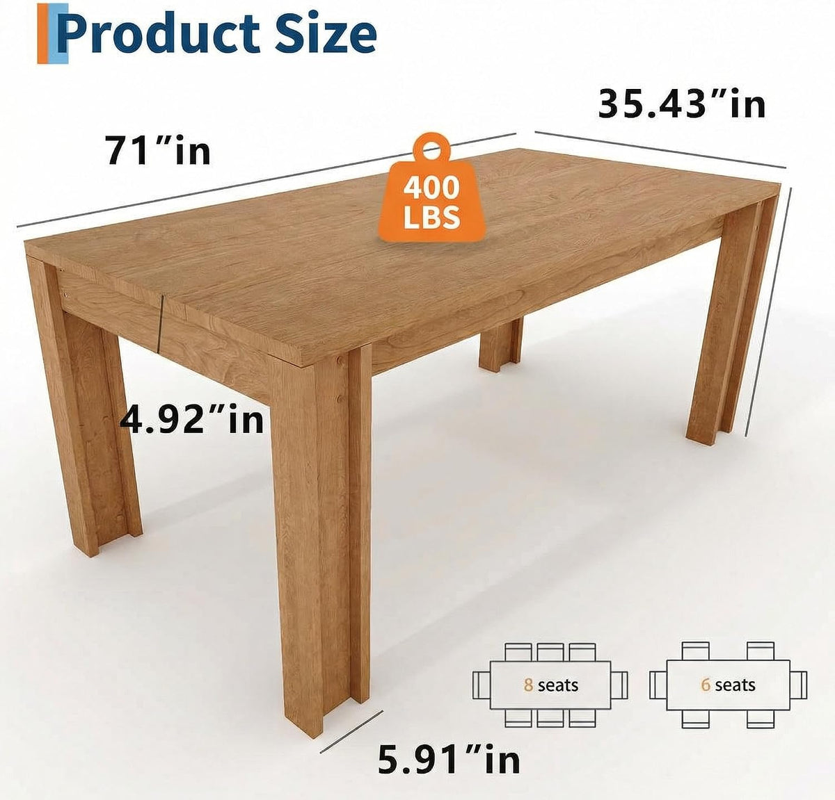 GarveeHome 71" Long Dining Table for 6-8, Farmhouse Rectangular Wood Kitchen Table with Wide H-Legs & Thick Top, Sturdy Wood Strip Frame, Dining Room Table for Dinner, Apartment, Kitchen, Natural