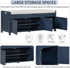 Storage Bench with 3 Shutter-Shaped Doors, Wood Shoe Bench with Removable Cushion and Hidden Storage Space for Entryway, Living Room, Hallway 43.5" L*16" W*18" H Antique Navy