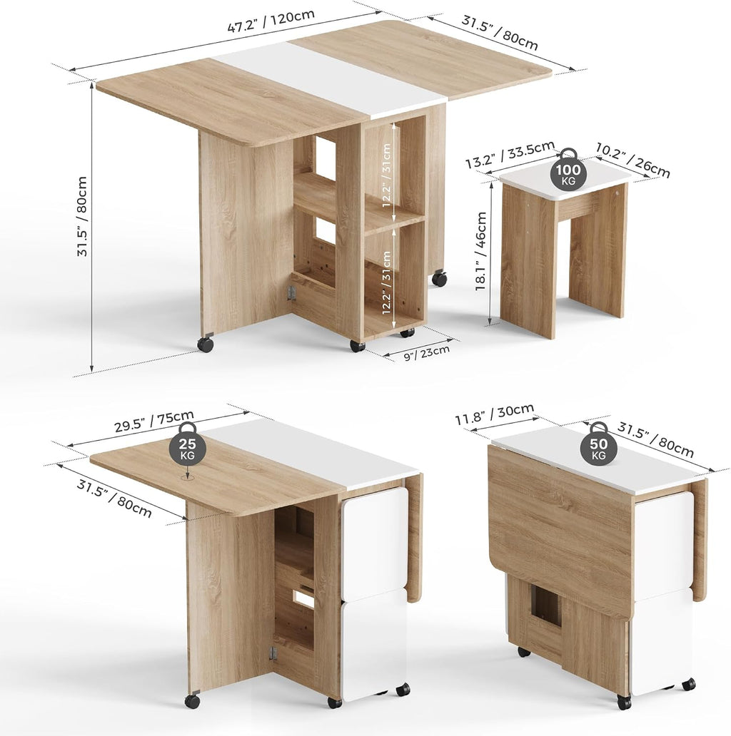 Mondeer Folding Dining Table with 4 Chairs for Small Spaces, Natural Wood | Drop Leaf Table and Chairs for Small Spaces, Folding Dining with Storage Shelf and Wheels for Kitchen Dining Room