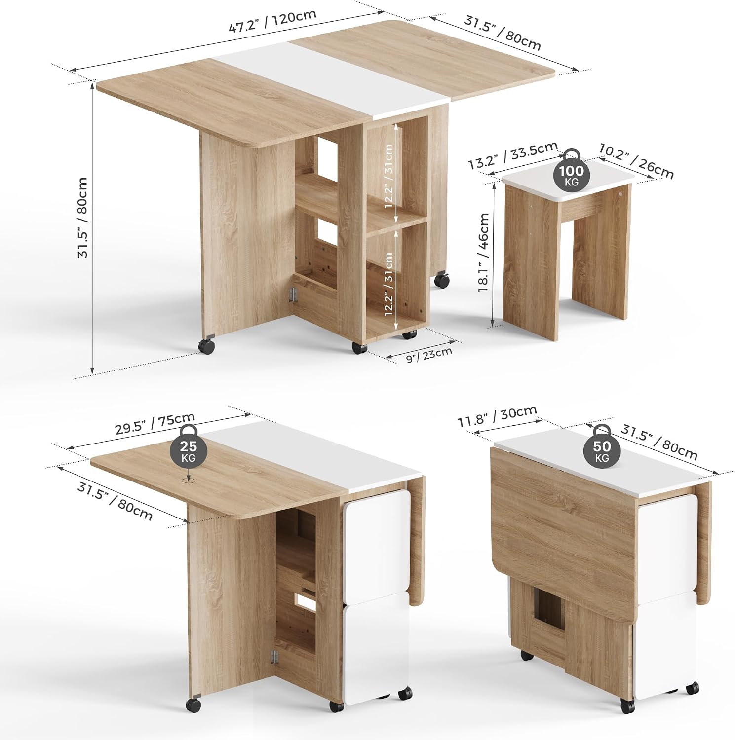 Mondeer Folding Dining Table with 4 Chairs for Small Spaces, Natural Wood | Drop Leaf Table and Chairs for Small Spaces, Folding Dining with Storage Shelf and Wheels for Kitchen Dining Room
