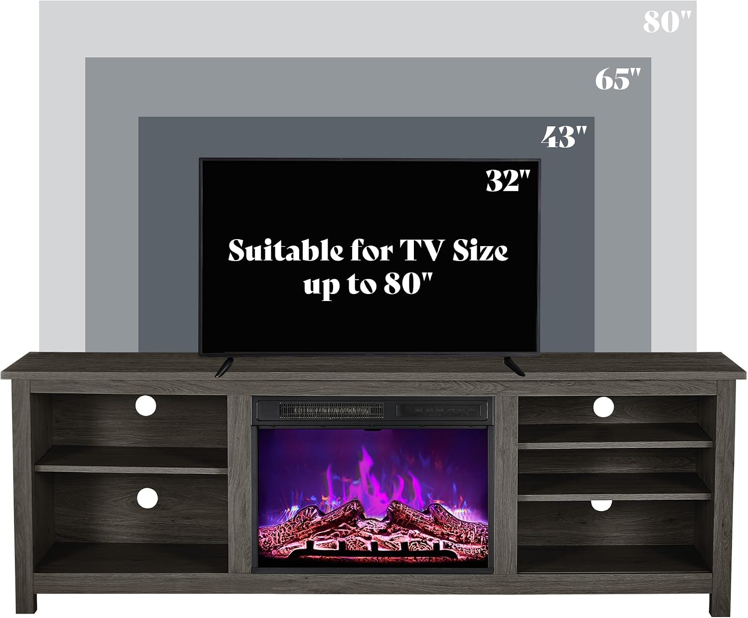 AMERLIFE 70" Fireplace TV Stand with 23" Electric Fireplace for 80" TVs | Rustic Grey, Wood Texture Finish, Farmhouse Style, Entertainment Stand, Media TV Console, Storage Cabinet, Living Room