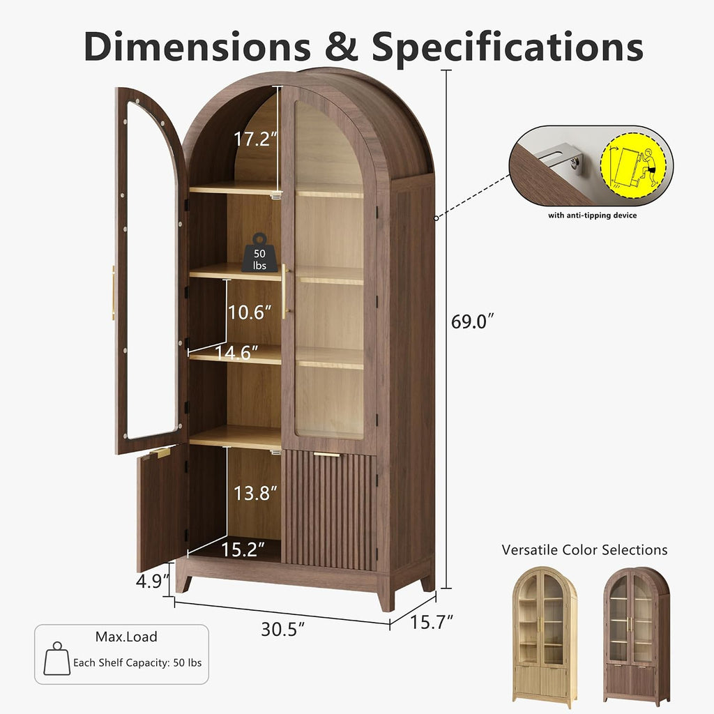 win2win Tall Arched Cabinet with Glass Doors, 69" Pantry Storage Cabinets with Fluted Doors & Adjustable Shelves, Mid Century Modern Wood Display Bookcase for Kitchen, Living Room, Bathroom, Walnut