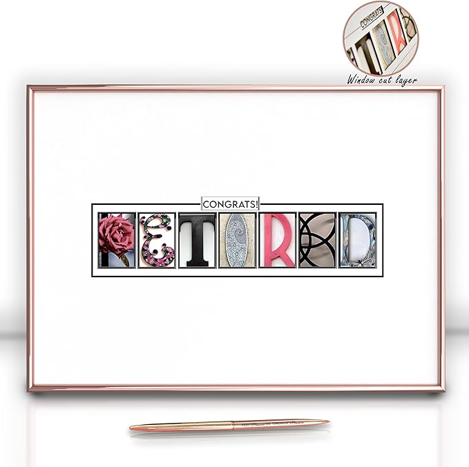 Framed Retirement Decorations Guest Book for Womens 12"x16" Rose Gold Frame - Window Cut Design - Including Gold Pen & Acrylic Glass - Retired Party Decor Gifts for Her