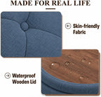 25" Round Ottoman with Storage, Small Coffee Table with Reversible Tray Lid | Tufted Fabric Round Storage Ottoman with Solid Wood Legs, 3-in-1 Footrest for Living Room, Bedroom, Entryway, Blue