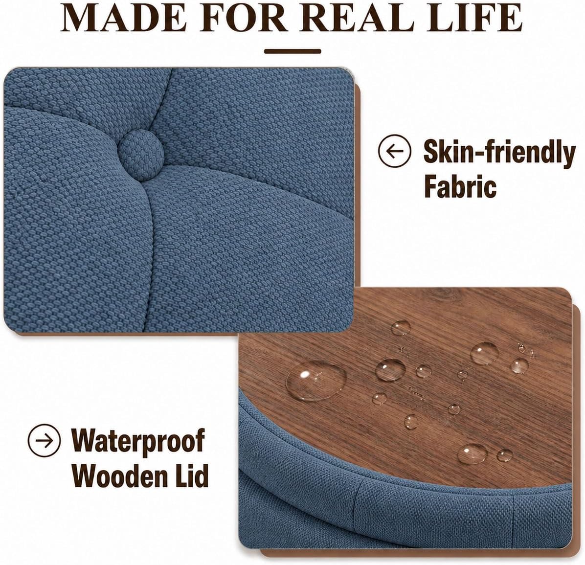 25" Round Ottoman with Storage, Small Coffee Table with Reversible Tray Lid | Tufted Fabric Round Storage Ottoman with Solid Wood Legs, 3-in-1 Footrest for Living Room, Bedroom, Entryway, Blue