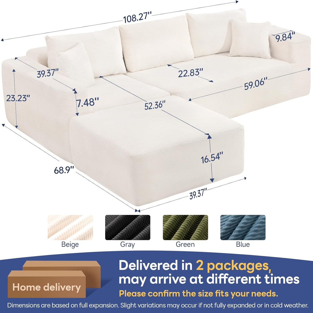 108" Cloud Couch Sectional, L-Shaped Sofa, Beige, Chaise Ottoman | No Assembly Required, Easy to move around, Modular Design,1200LBS Capacity, Deep Seat, Soft Corduroy Upholstery, Living Room