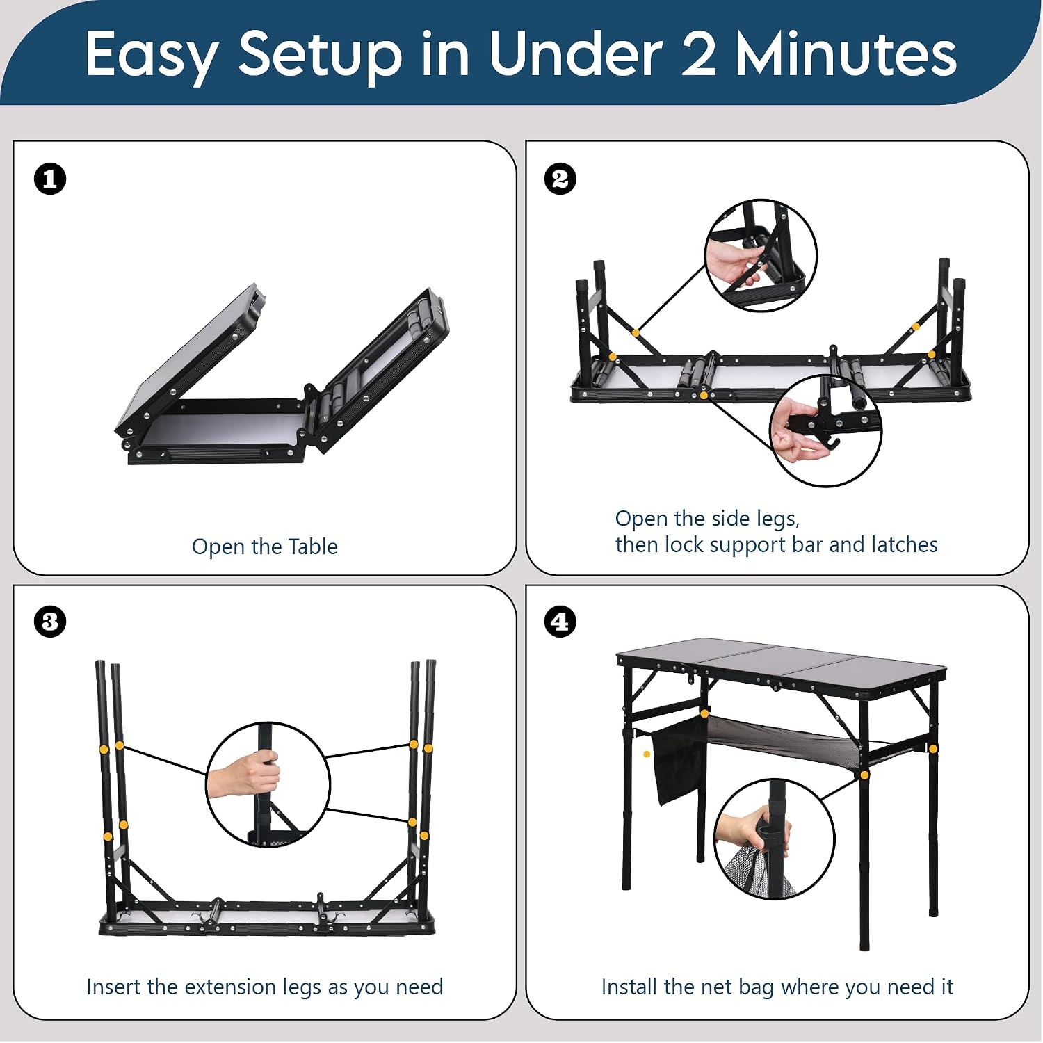 LOFTEY 3 ft Folding Camping Table, Portable Camp Table, Adjustable Height | 3 Height Settings up to 27.5", 70 lb Capacity, Compact Tri-Fold, Lightweight with Carry Bag, Mesh Pocket and Hooks