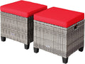 RELAX4LIFE 2-Piece Patio Rattan Ottomans - Outdoor Wicker Furniture w/ 2 Footrest Stools, Comfortable Cushions & Steel Metal Frame, All-Weather Patio Set for Backyard,Garden (Red)