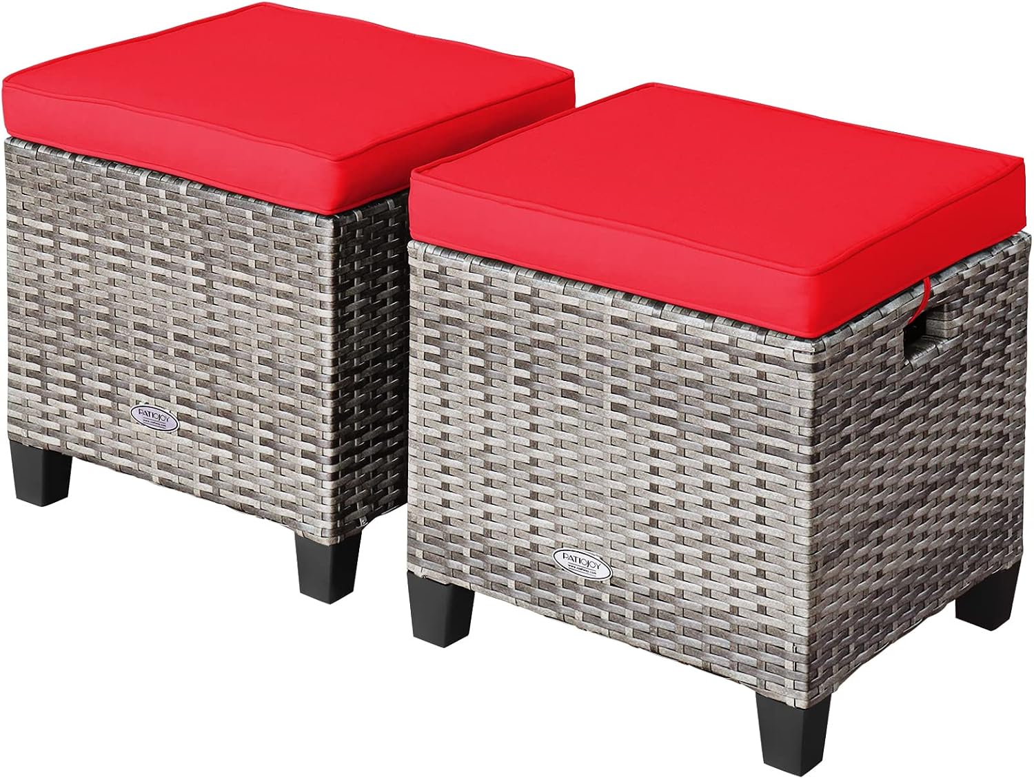 RELAX4LIFE 2-Piece Patio Rattan Ottomans - Outdoor Wicker Furniture w/ 2 Footrest Stools, Comfortable Cushions & Steel Metal Frame, All-Weather Patio Set for Backyard,Garden (Red)