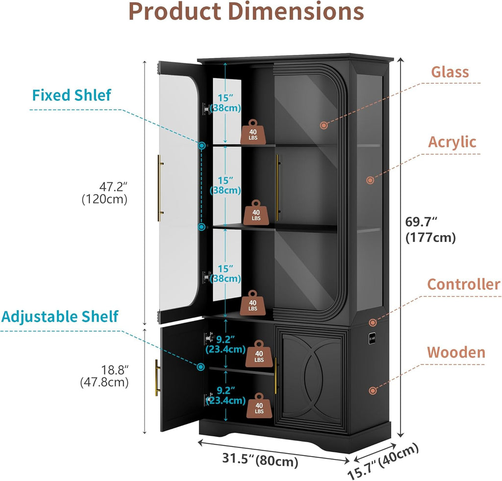 69" Tall Display Cabinet with Glass Doors, Curio Cabinet with 3 LED Lights and Human Body Sensor, Glass Display Case with Storage Cabinet for Living Room, Black
