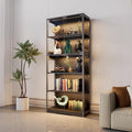 Display Cabinet with Glass Doors, 5-Tier 65" Glass Display Cabinet with LED 3-Color Lights & Human Body Sensor, Curio Cabinet with Textured Wood Shelves for Collectibles,Black Iron Frame