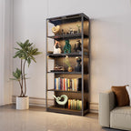 Display Cabinet with Glass Doors, 5-Tier 65" Glass Display Cabinet with LED 3-Color Lights & Human Body Sensor, Curio Cabinet with Textured Wood Shelves for Collectibles,Black Iron Frame