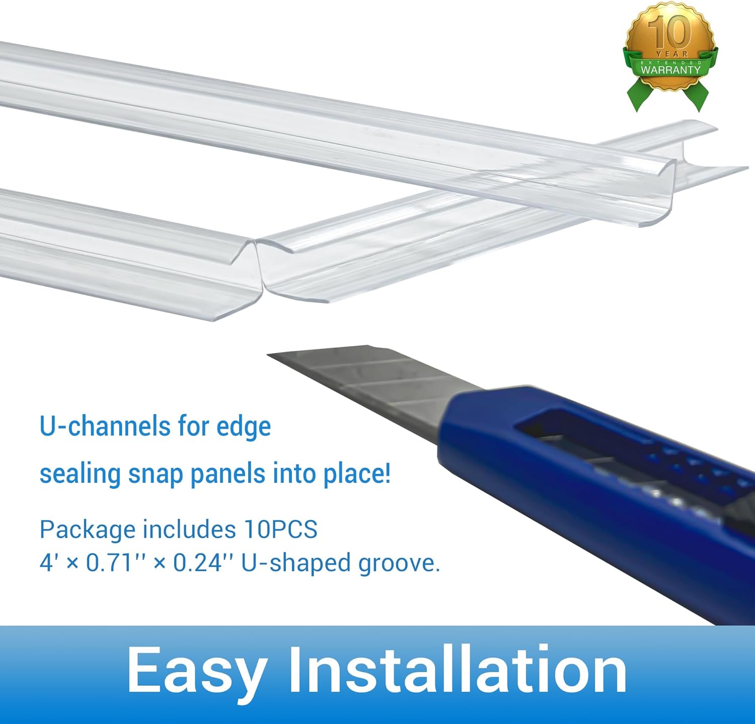 10 PCS Polycarbonate Greenhouse U Connector Profile 4ft Length Fits 0.16’’ & 0.24’’ Twin-Wall Polycarbonate Panels Duty Dust Rain & Moisture Protection Durabler (U-Clip 4' × 0.71’’ × 0.24’’)
