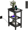VECELO End Table with Charging Station and USB Ports, Small Wood Nightstand Modern Style, 24" Tall Living Room Side Table with 3-Tier Storage Shelves for Small Spaces, Office, Bedroom, Classic Black