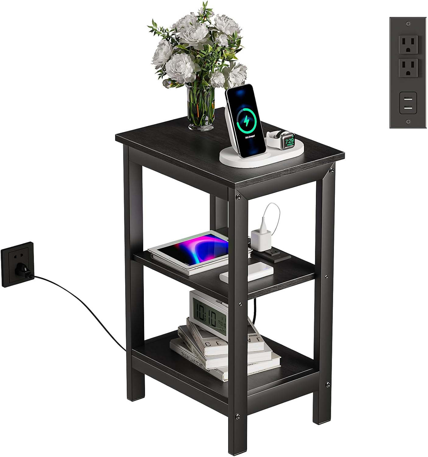 VECELO End Table with Charging Station and USB Ports, Small Wood Nightstand Modern Style, 24" Tall Living Room Side Table with 3-Tier Storage Shelves for Small Spaces, Office, Bedroom, Classic Black