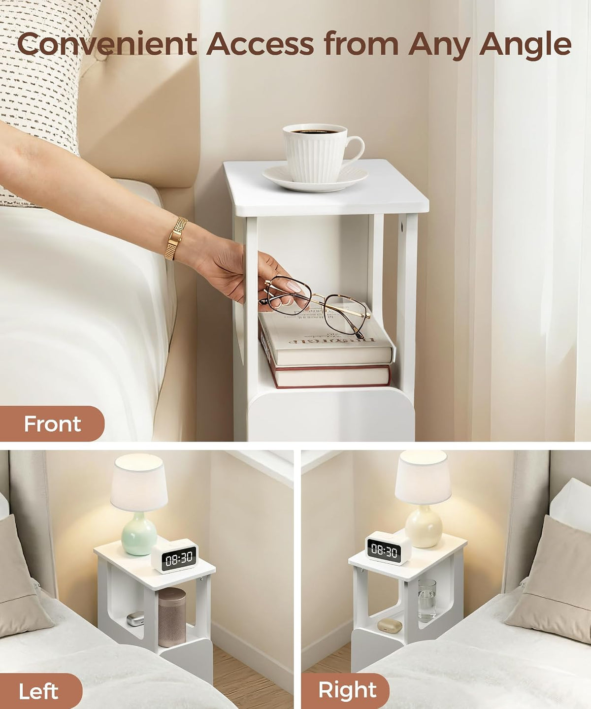 Afuly Narrow Side Table Small End Tables Living Room, Skinny Slim White Modern Table for Couch Sofa Organiser Storage with Drawers, Thin Nightstand Cute Simple Aesthetic Bedside Table for Bedroom