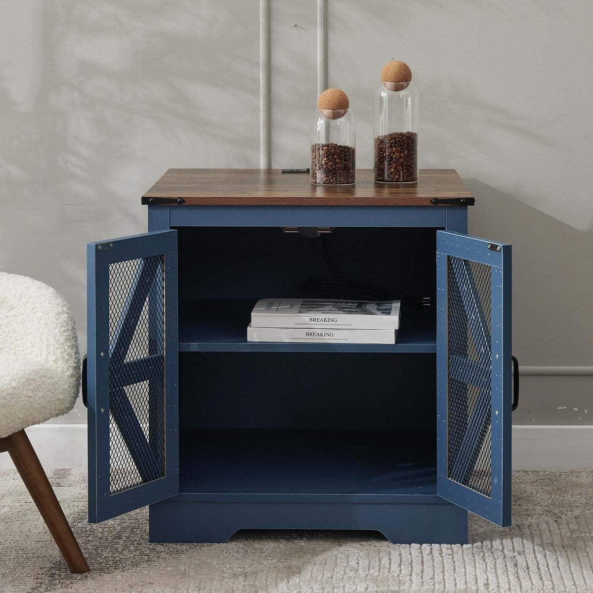 Coffee Table and End Table Sets of 3, 2 Large End Table with Charging Station and 1 Coffee Table with Large Hidden Storage, Farmhouse Living Room Table Set, Blue