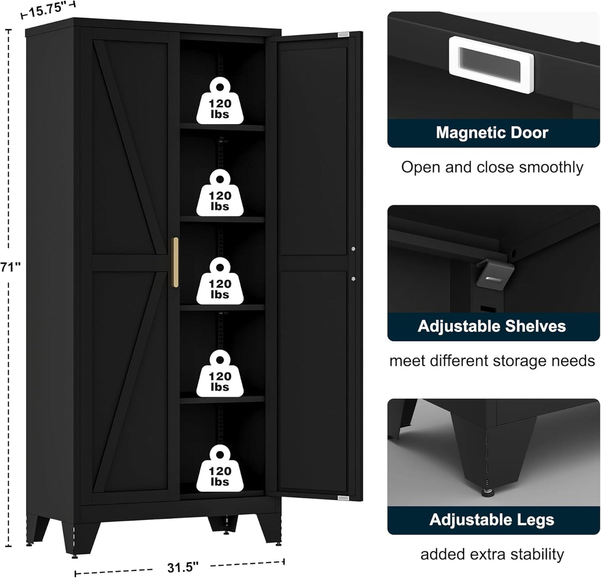 LCAOPC 71" Tall Metal Storage Cabinet with 2 Doors and 4 Adjustable Shelves, 5-Tier Kitchen Pantry Storage Cabinet for Kitchen, Living Room, Dining Room and Office, Black