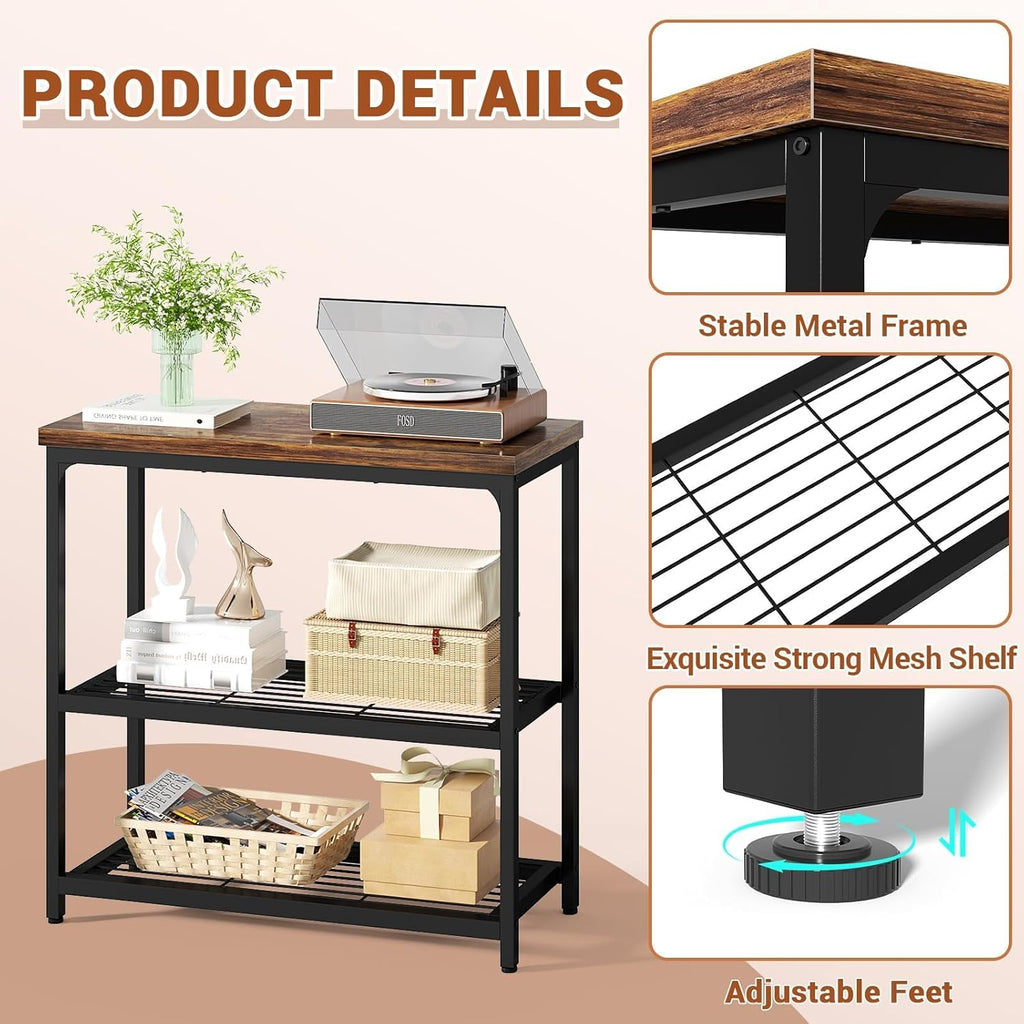 Besiost 32" Industrial Console Table with 3-Tier Storage, Oak Grey | Small Entryway Table with Mesh Shelves, Sofa Table Behind Couch for Hallway, Foyer, Living Room, Sturdy Metal Frame