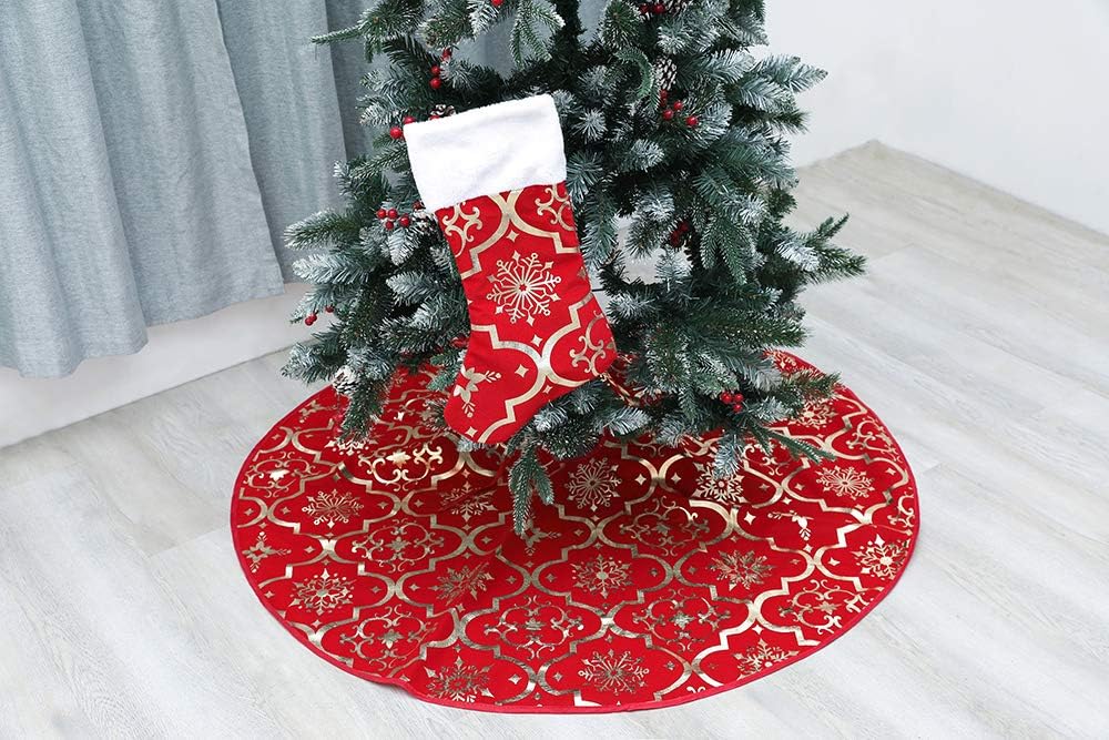 Flash World 48 Inch Large Christmas Tree Skirt Xmas Soft Cover Mat Decor Snowflake Collar Farmhouse Tree Skirt for Holiday Ornaments Party Home Indoor Decorations (Red, 48INCH)