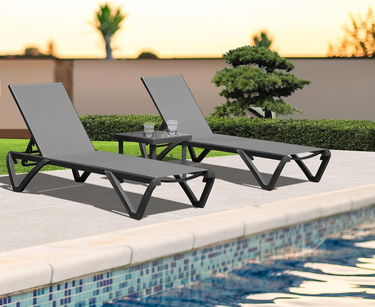 Domi Aluminum Pool Lounge Chair Outdoor Set of 2 Chaise Lounge Outdoor | Gray, Side Table, Wheels, Adjustable, Textilene, All Weather, Poolside, Backyard, Patio, Deck, Outside