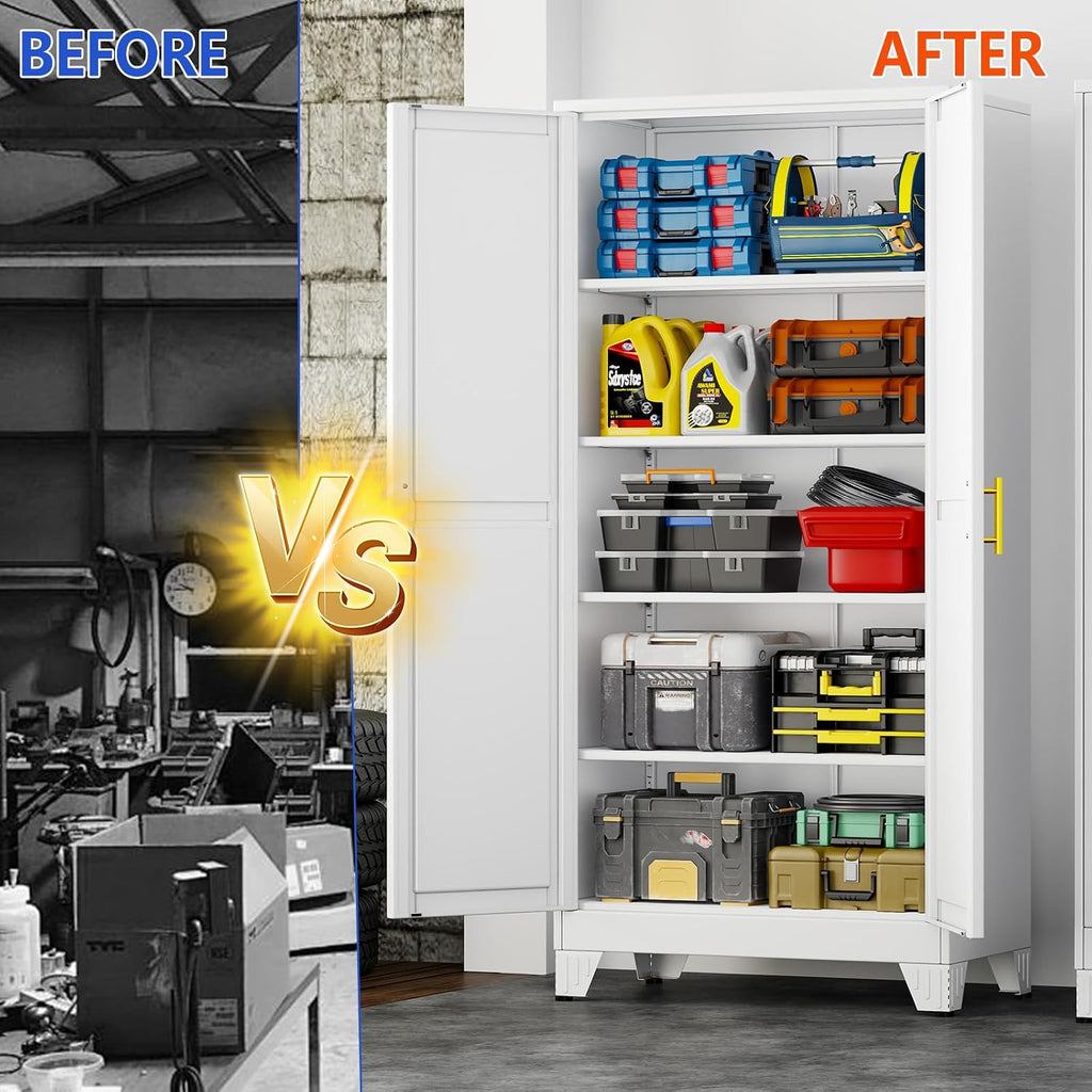GAIOUS 71''Tall Metal Garage Storage Cabinet,File Cabinet with Door and Adjustable Shelves, Outdoor Steel Tool Cabinet for Home,Office,Warehouse,Garage,White