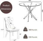 Clear Round Glass Top Dining Set for 4, 36'' Modern Luxury Circle Dinner Room Set, 5 PCS Mid Century Circular Kitchen Table Set, Black High-end Tufted Chairs, for Small Apartment (Silver)