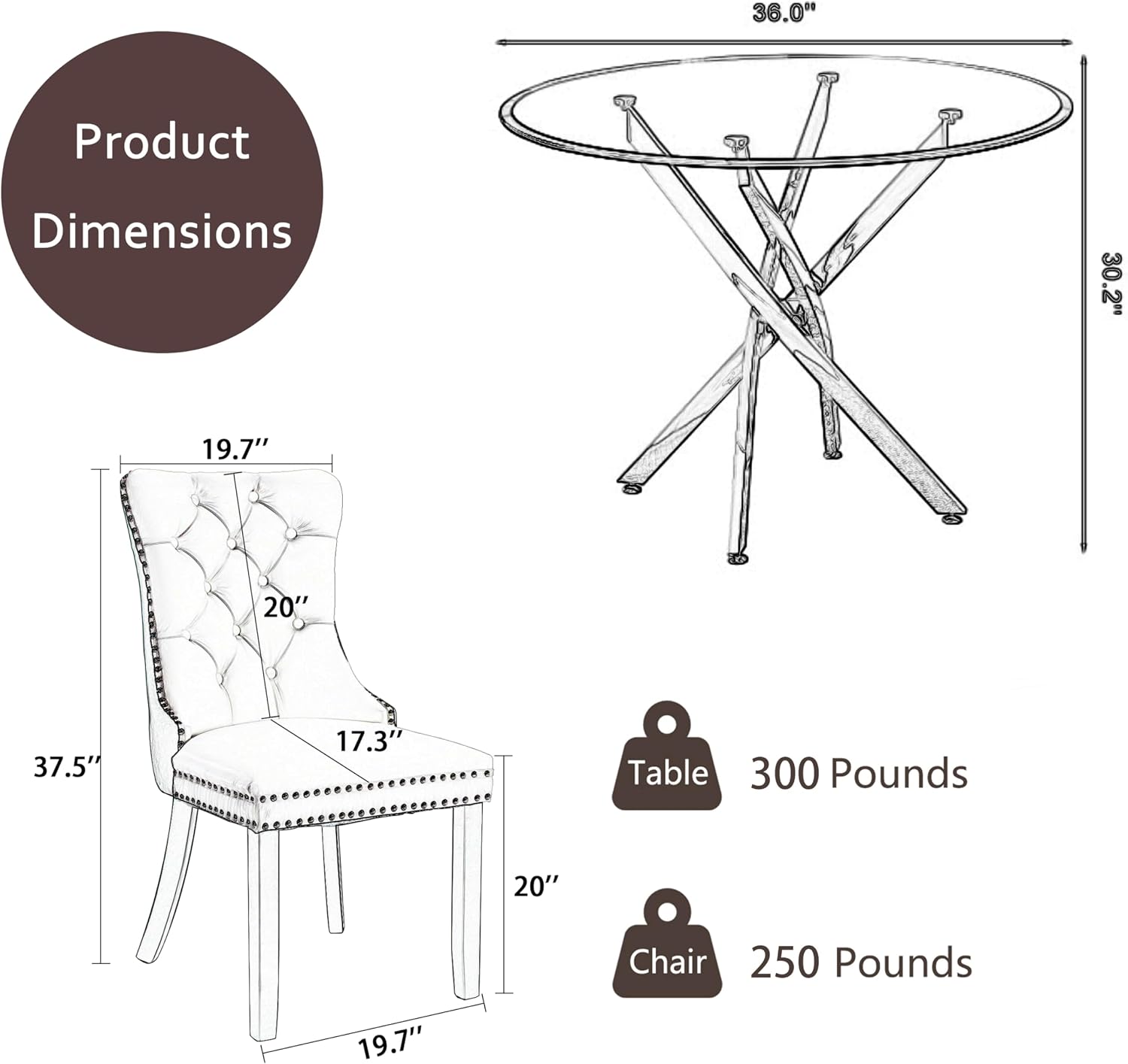 Clear Round Glass Top Dining Set for 4, 36'' Modern Luxury Circle Dinner Room Set, 5 PCS Mid Century Circular Kitchen Table Set, Black High-end Tufted Chairs, for Small Apartment (Silver)