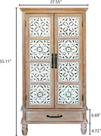 LKTART KTART 55'' Tall Kitchen Cabinet,Narrow Pantry Storage Cabinet with Shelves and Drawers,French Country Accent Cabinet,Solid Wood China Cabinet with Embossed Floral Metal Doors,Natural Wood