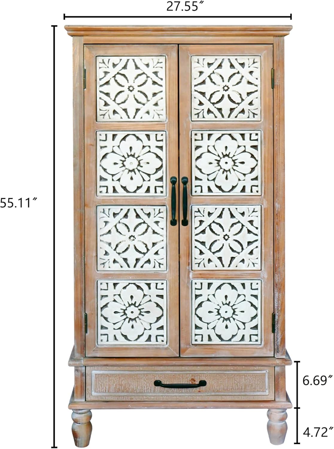 LKTART KTART 55'' Tall Kitchen Cabinet,Narrow Pantry Storage Cabinet with Shelves and Drawers,French Country Accent Cabinet,Solid Wood China Cabinet with Embossed Floral Metal Doors,Natural Wood