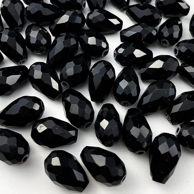 200pcs 4x6mm Teardrop Crystal Glass Beads Vertical Hole Faceted Glass Teardrop Spacer Beads for Bracelets Necklace Earring DIY Jewelry Making Craft(Black)