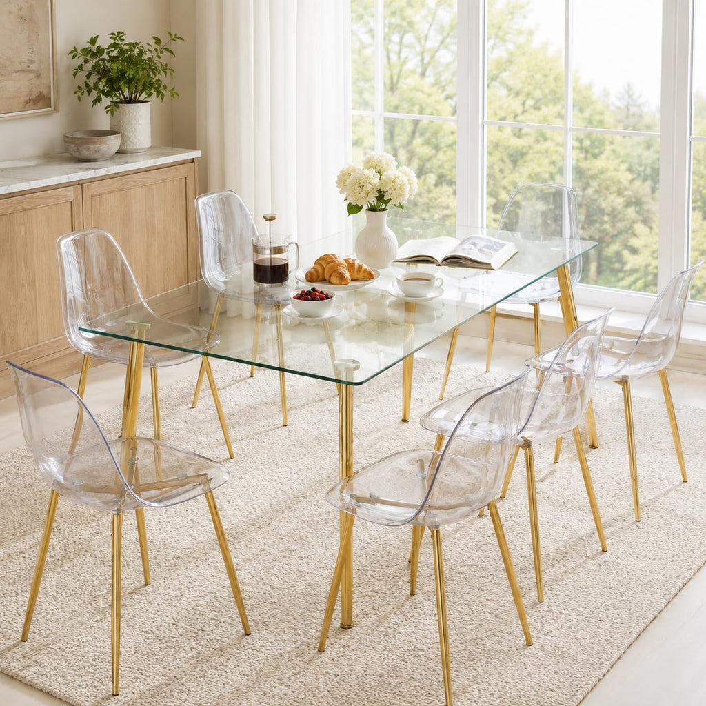 JUFU Acrylic Dining Chairs Set of 6, Modern Clear Chairs with Transparent Seat, Ergonomic Acrylic Side Chairs with Gold Metal Legs for Dining Room, Kitchen, Living Room