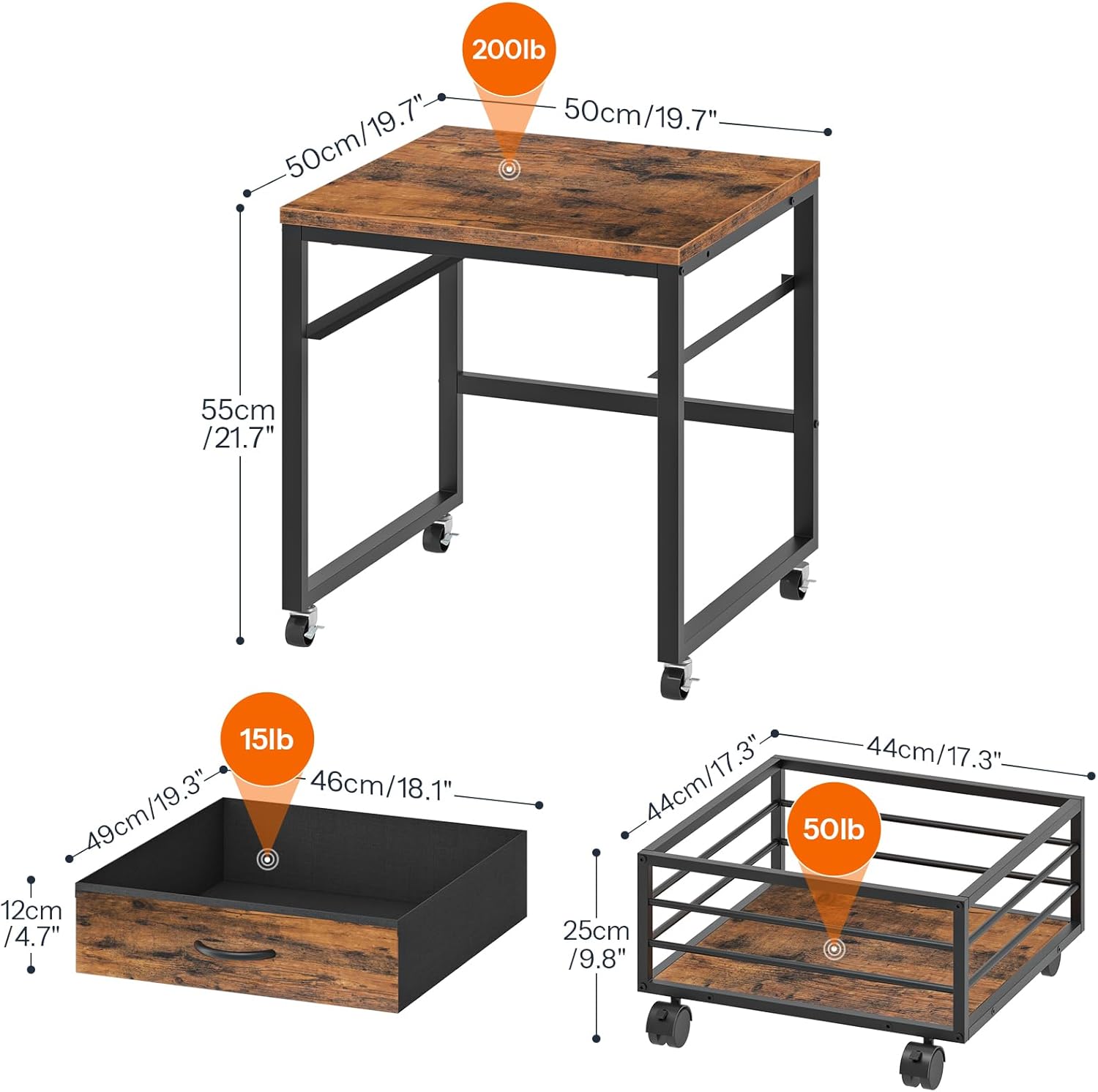 HOOBRO Mini Fridge Stand with Storage, 19.7 Inch End Table, Mini Fridge Cabinet with Mobile Basket Cart, for Living Room, Bedroom, Rustic Brown and Black BF655BX01