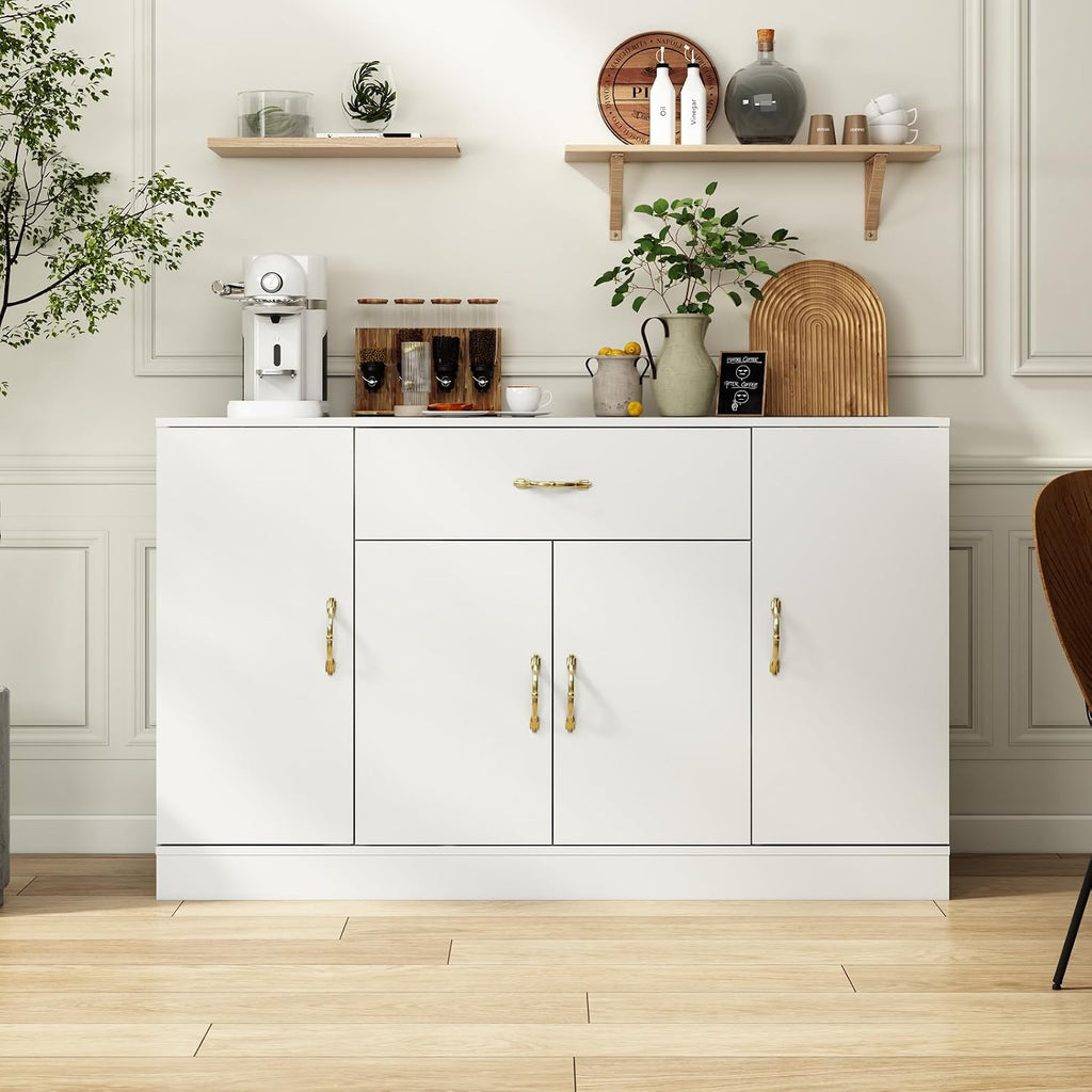 55" Kitchen Pantry Cabinet, Large Storage Cupboard with Doors and Shelves, White Kitchen Storage Cabinet with Drawer, Versatile Buffet Sideboard for Dining Room and Craft Room