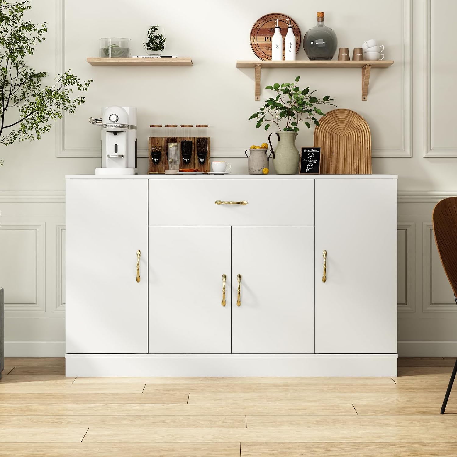 55" Kitchen Pantry Cabinet, Large Storage Cupboard with Doors and Shelves, White Kitchen Storage Cabinet with Drawer, Versatile Buffet Sideboard for Dining Room and Craft Room
