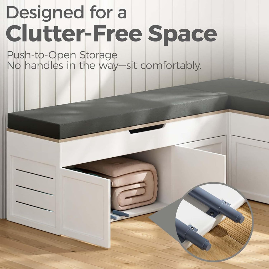Kikihouse L-Shaped Corner Storage Bench with Cushion, Backless Wood Bench with Hidden Storage, for Dining Nook, Kitchen, Entryway, Cloakroom (Bench+Dark Gray Cushion)