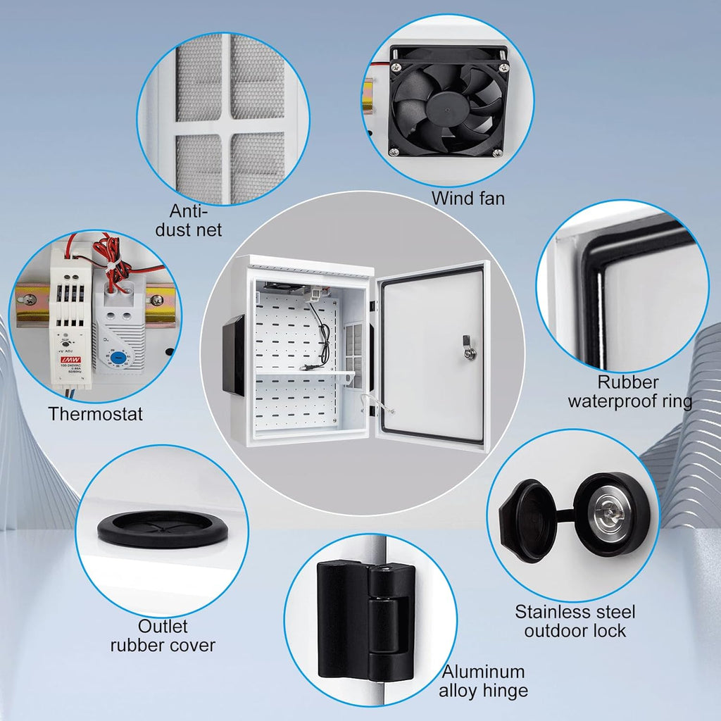 Outdoor Electrical Box with Thermostat and Fan, Cold-Rolled Steel Plate, Aluminum Alloy Back Beam, One-Piece Ventilation Design, IP65 Waterproof, Wall/Pole Mounted. (19.6" x 15.7" x 7.9")