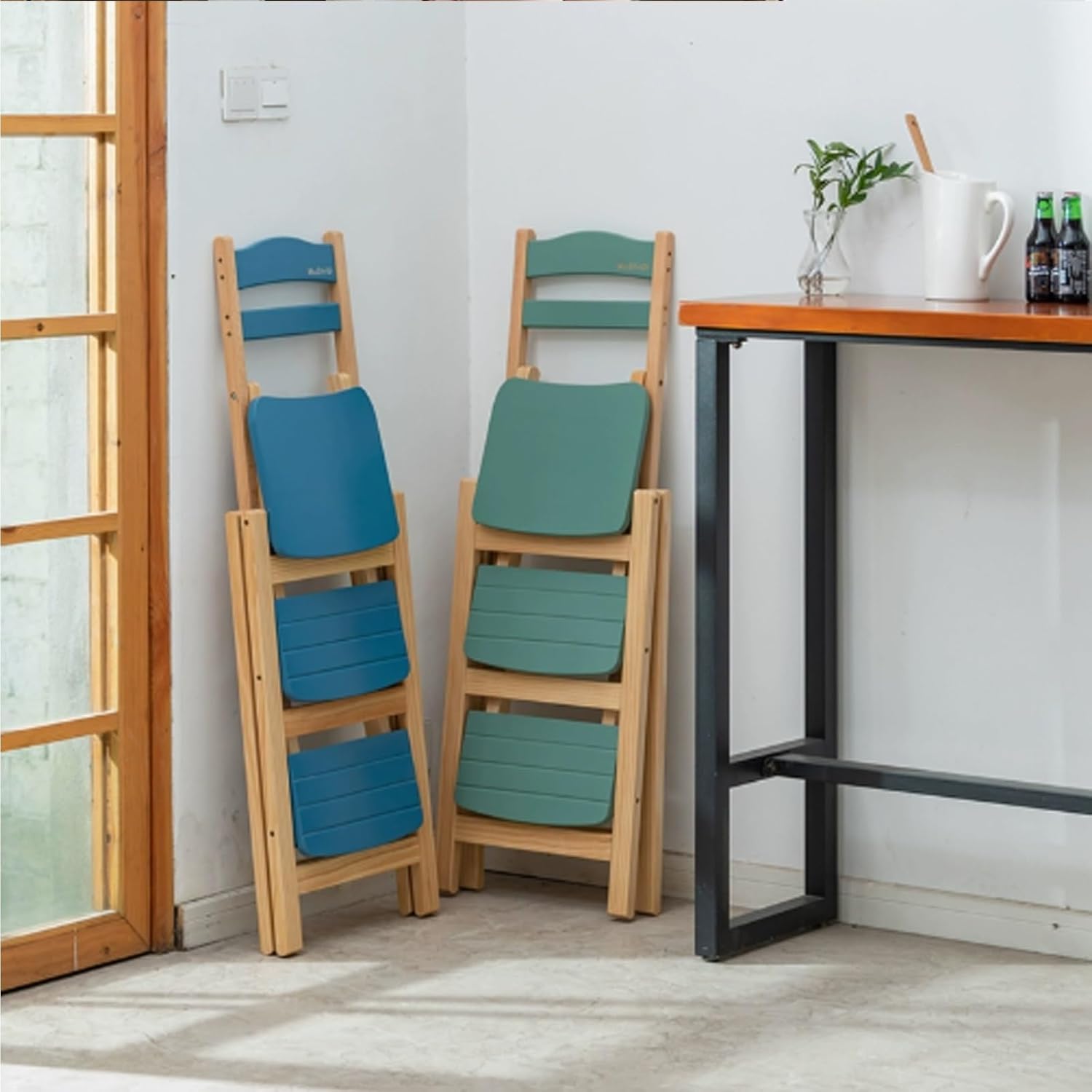 Height Foldable Stool Tall Stool,Solid wood Folding Bar Stool 3 Step Indoor Ladder Stool,Folding High Bar Counter Stool Portable Step Stool Chair ，Bathroom Storage Shelf for Adults Kitchen Outdoor(Gra