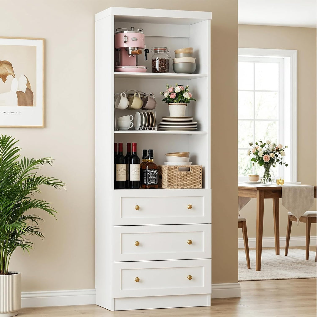 Cyclysio 80" Kitchen Pantry Cabinet with 3 Drawers, Tall Storage Cabinet Wood Food Pantry with Thickened Top Panel and Adjustable Shelves, Versatile Cupboard for Kitchen, Dining Room, White