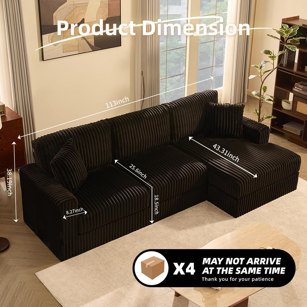 GOSUHI 113" L-Shaped Cloud Couch, Modular Sectional, Deep Seats, Black | Pocket Spring Cushions, Oversized 3-Seater, Right Facing Chaise, Corduroy Upholstery Couches for Living Room