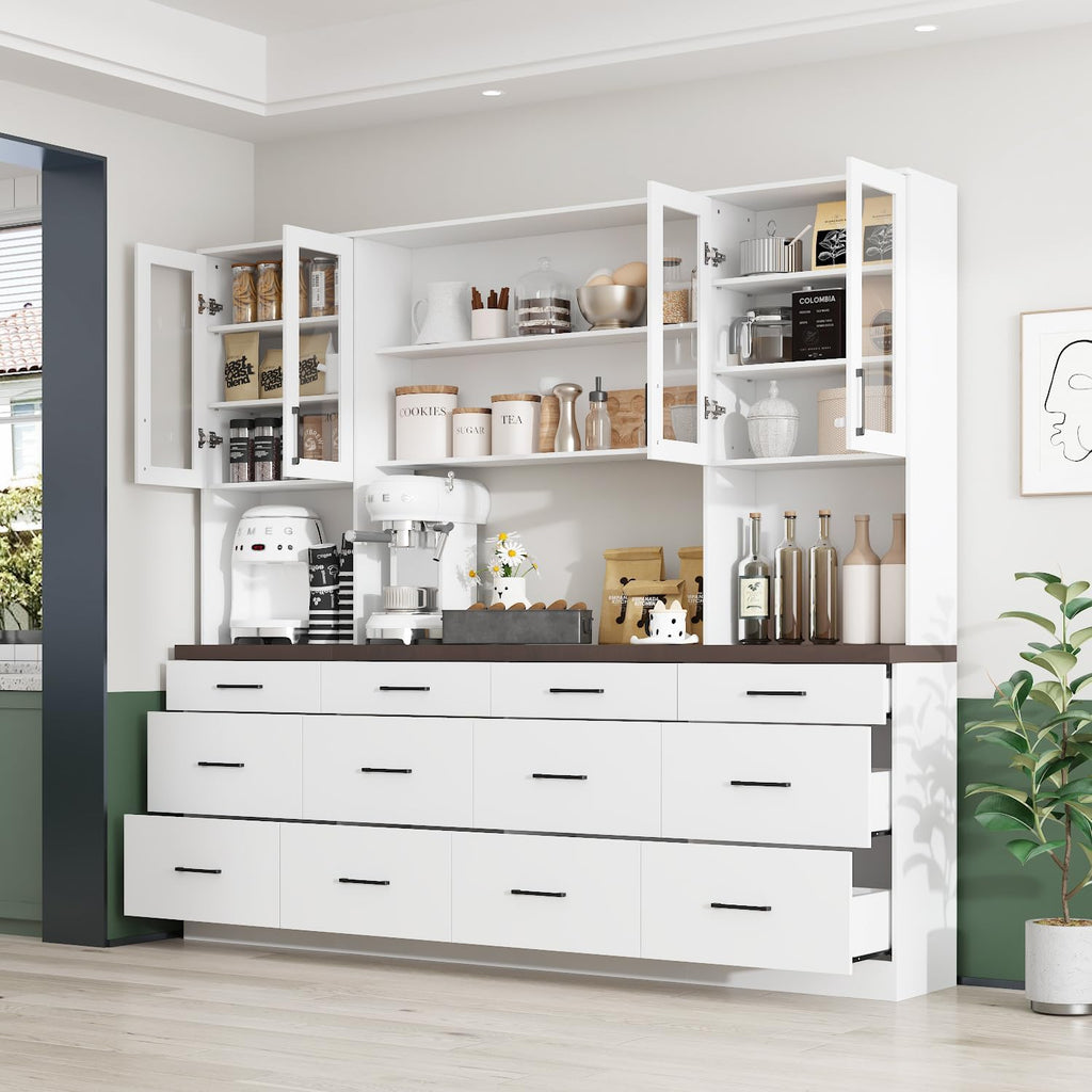 ECACAD 94.5" W Kitchen Pantry with Countertop, 12 Drawers & 4 Glass Doors, Modern Wooden Cupboard Storage Cabinet with 6 Hidden Shelves & 4 Open Shelves for Dining Room, White