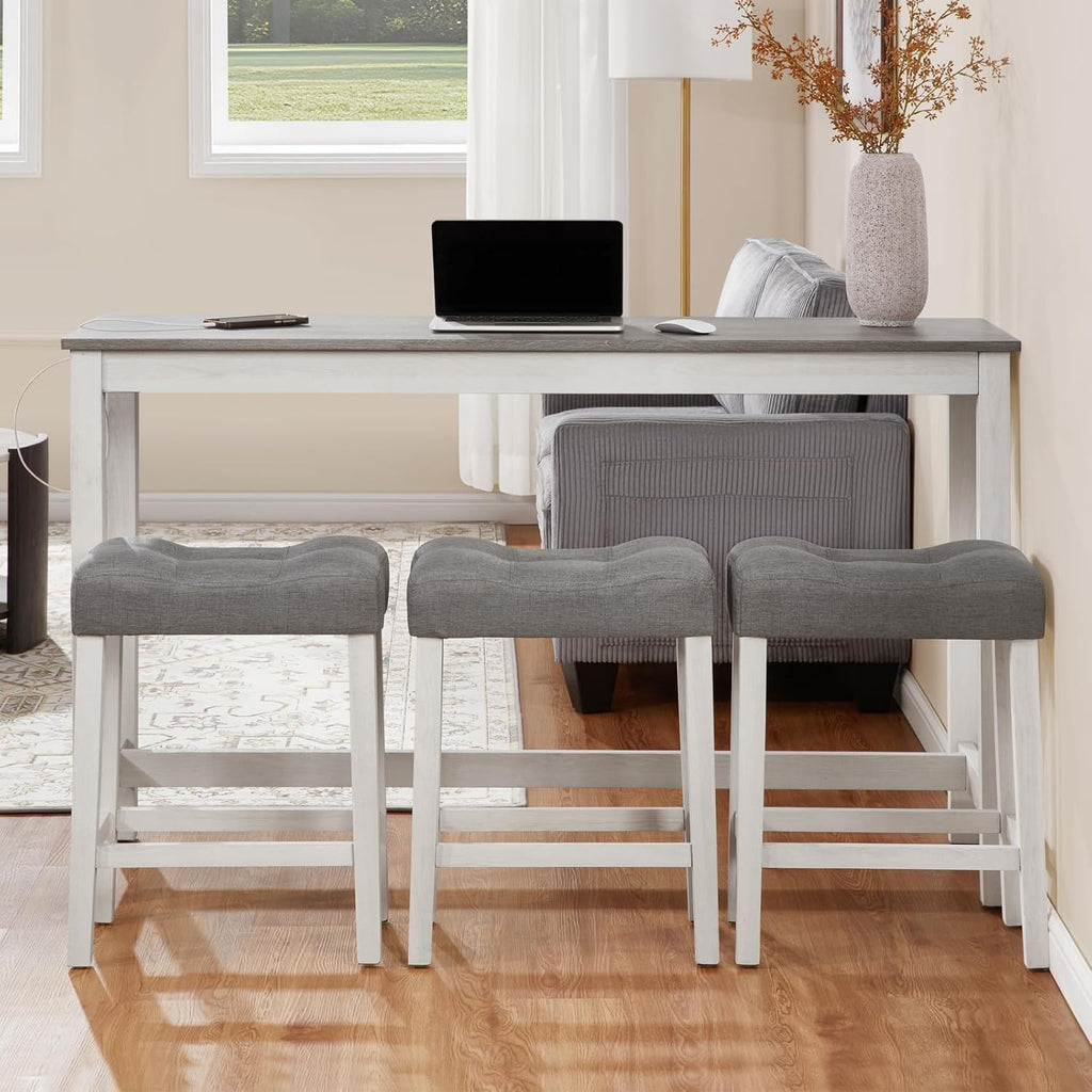 LKTART Bar Table and Chairs Set, 4 Piece Counter Height Bar Table Set with Power Outlet and 3 Upholstered Stools, Industrial Breakfast Table for Living Room, White & Grey