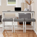 LKTART Bar Table and Chairs Set, 4 Piece Counter Height Bar Table Set with Power Outlet and 3 Upholstered Stools, Industrial Breakfast Table for Living Room, White & Grey